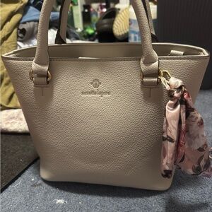 Nanette Lepore Cream Pebbled Tote with Floral Scarf Accent